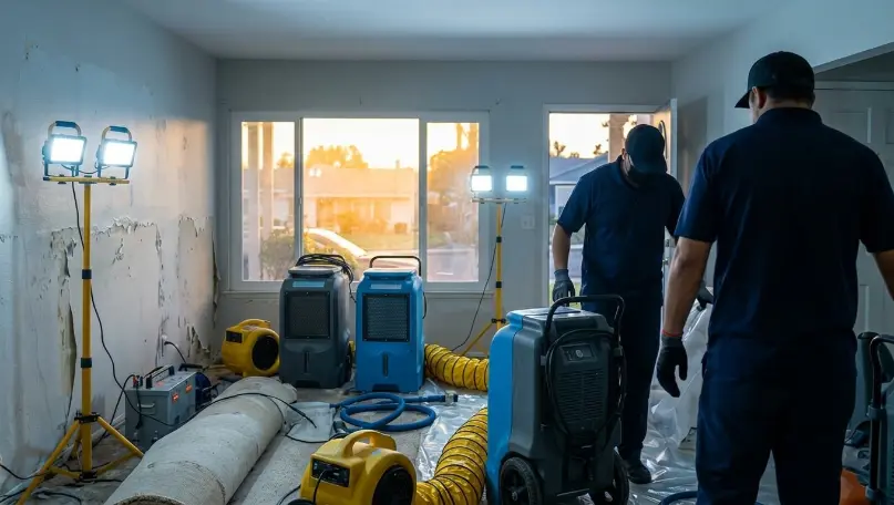 water damage restoration EI Cajon 1 Water damage restoration technician extracting water from a flooded room in El Cajon, CA